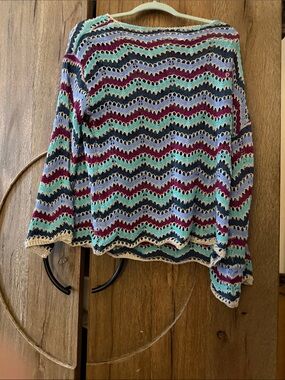 Open-Knit Wave Stripe Sweater in Teal, Lavender & Burgundy